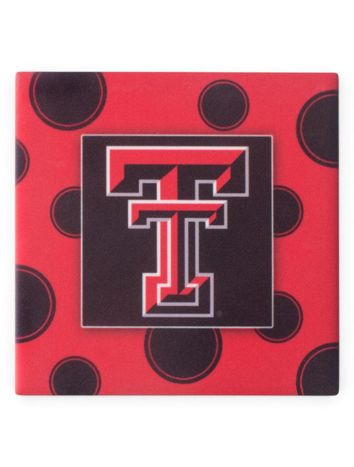Texas Tech Double T on Polka Dot Patterned Black Coaster – Front view