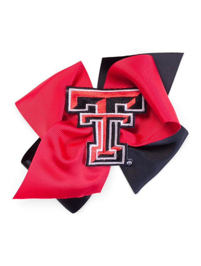 Texas Tech Double T on Red and Black Block Hair Bow – Front view