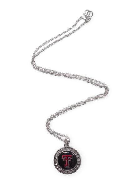 Texas Tech Double T Pendant Surrounded by Rhinestones Silver Necklace – Front view