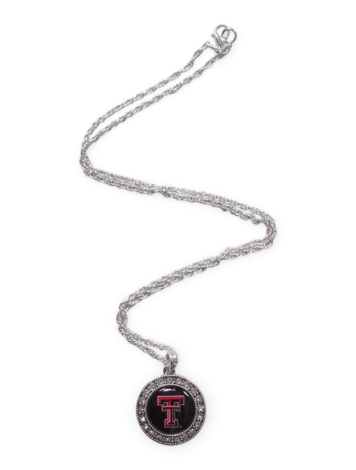 Texas Tech Double T Pendant Surrounded by Rhinestones Silver Necklace – Front view