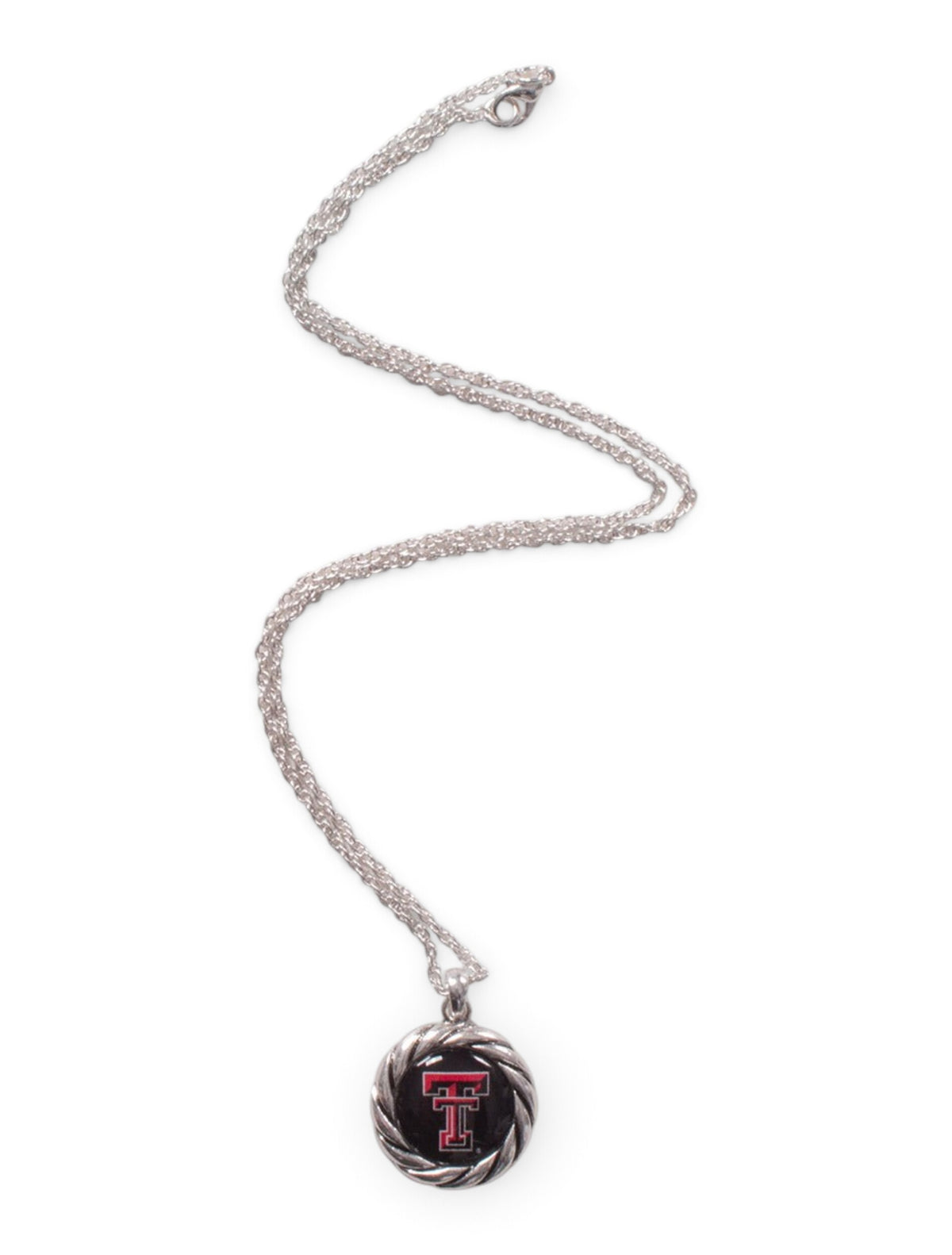 Texas Tech Double T Pendant with Rope Border Silver Necklace – Front view