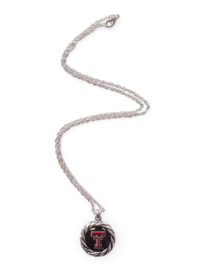 Texas Tech Double T Pendant with Rope Border Silver Necklace – Front view
