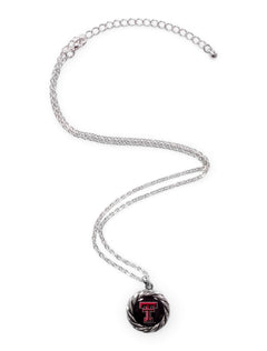 Texas Tech Double T Pendant with Rope Border Silver Necklace with Long Chain – Front view