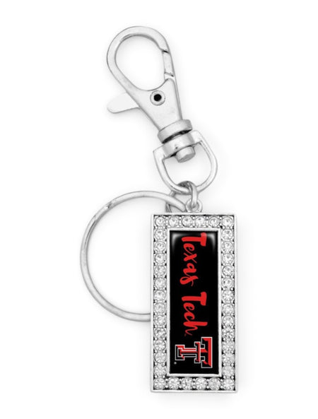 Texas Tech Double T Script Logo Rectangle Rhinestone Keychain – Front view