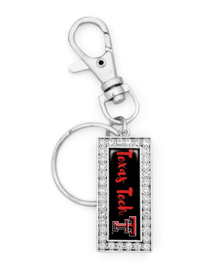 Texas Tech Double T Script Logo Rectangle Rhinestone Keychain – Front view