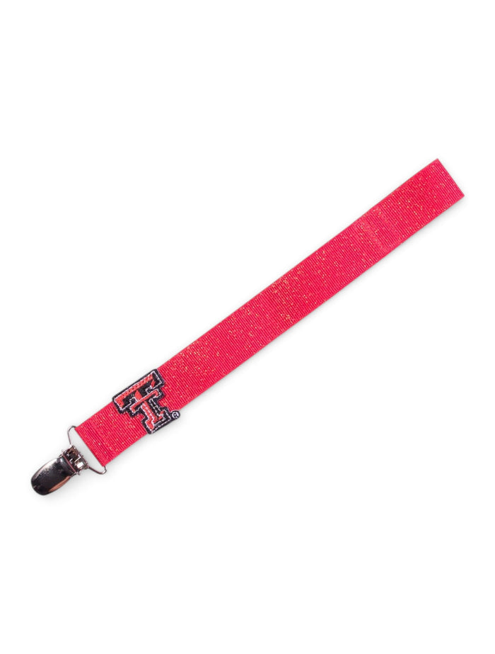 Texas Tech Double T Shimmer Red Ribbon Pacifier Clip – Front view