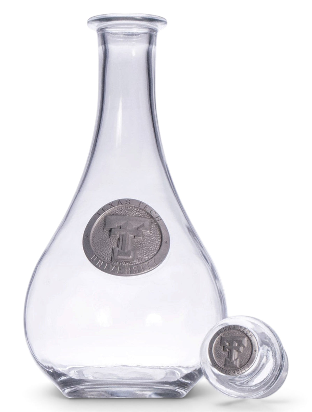 Texas Tech Double T Silver Emblem on Glass Decanter – Back view