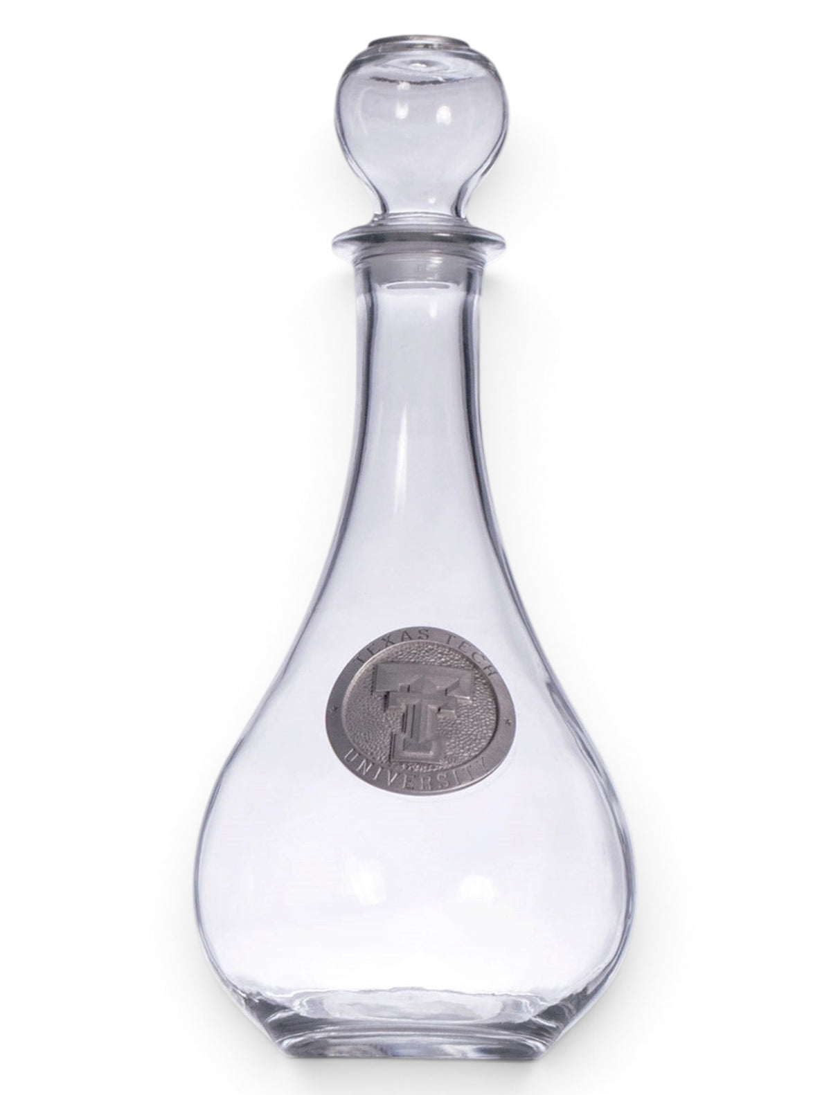 Texas Tech Double T Silver Emblem on Glass Decanter – Front view