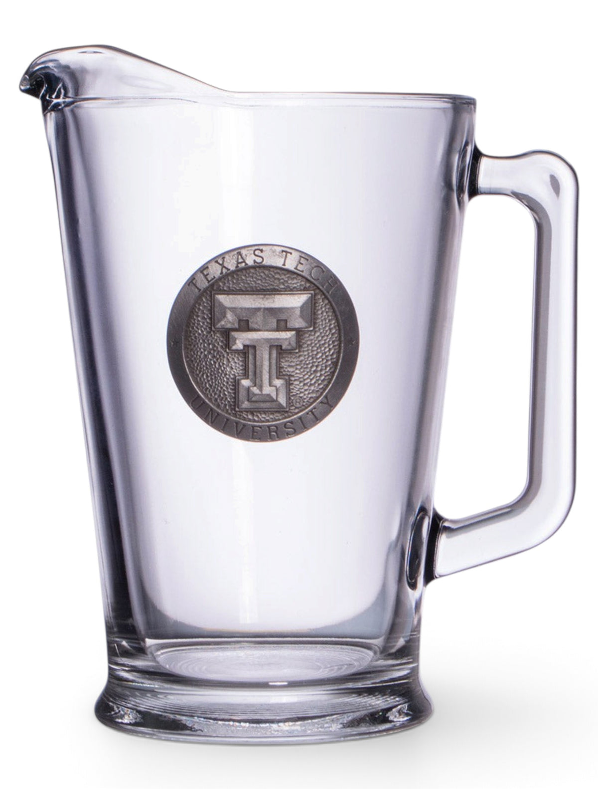 Texas Tech Double T Silver Emblem on Glass Pitcher – Front view