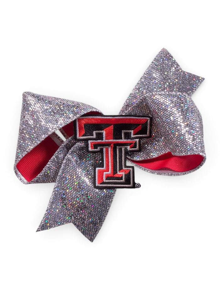 Texas Tech Double T Silver Sequin Ribbon Bow – Front view