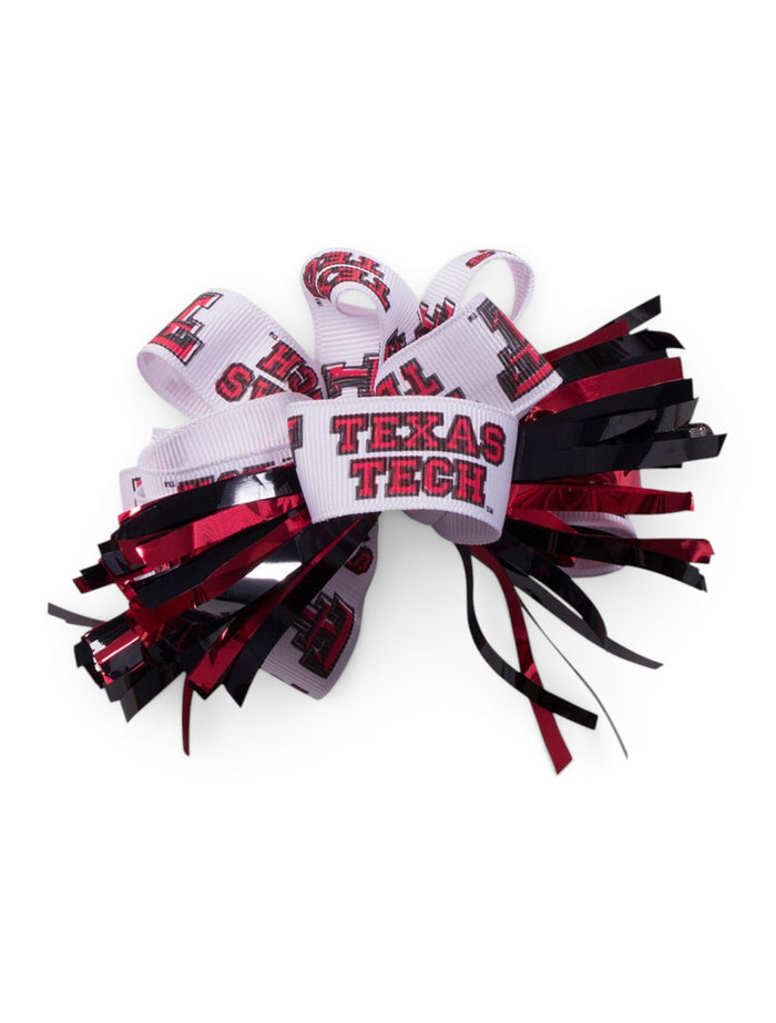 Texas Tech Double T White Ribbon with Red and Black Tassels Hair Bow – Front view
