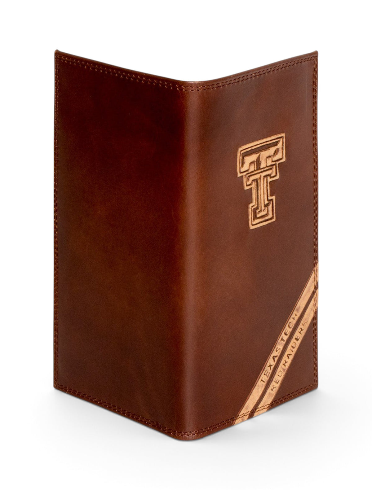 Texas Tech Embossed Double T on Tall Brown Leather Wallet – Back view