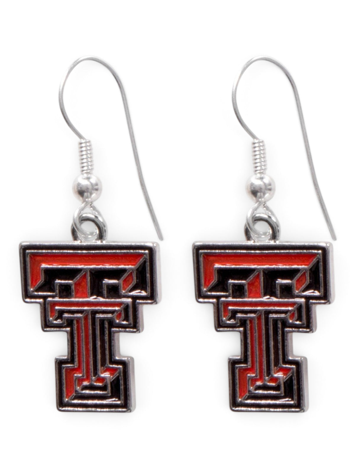Texas Tech Embossed Silver Enameled Double T Dangle Earrings – Front view