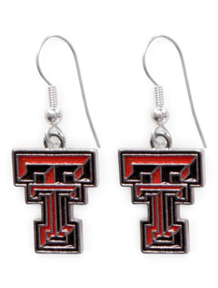 Texas Tech Embossed Silver Enameled Double T Dangle Earrings – Front view
