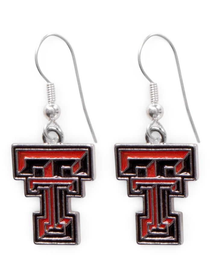 Texas Tech Embossed Silver Enameled Double T Dangle Earrings – Front view