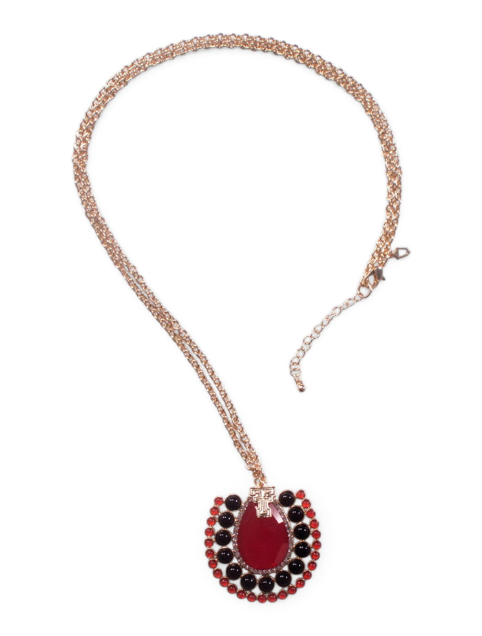 Texas Tech Gold Double T with Large Red Pendant on Gold Chain Necklace – Front view