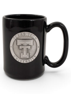 Texas Tech Heritage Pewter Double T Emblem on Black Coffee Mug – Front view