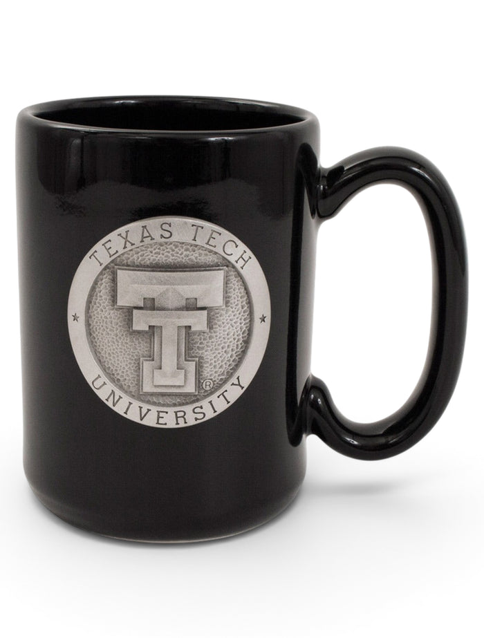 Texas Tech Heritage Pewter Double T Emblem on Black Coffee Mug – Front view
