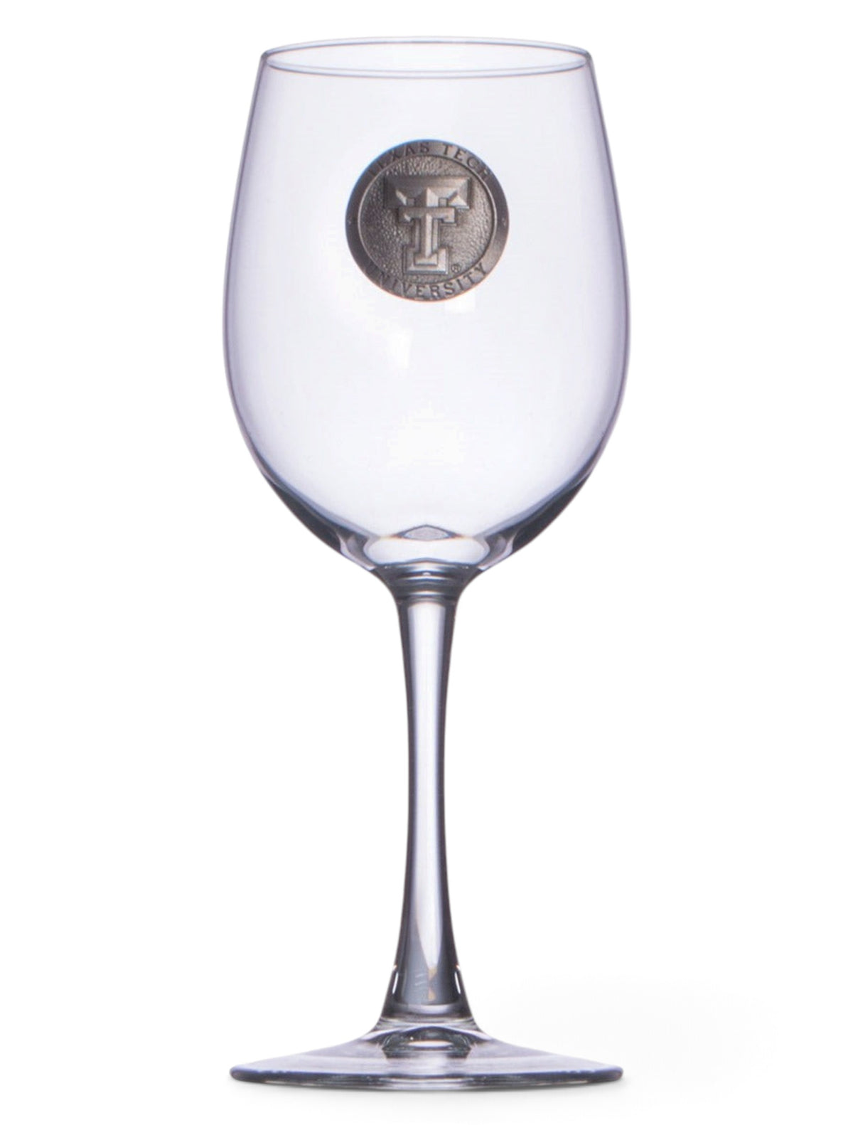 Texas Tech Heritage Pewter Double T Emblem on Wine Glass – Front view