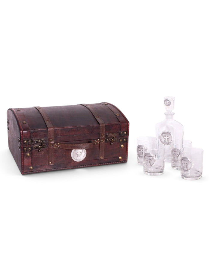 Texas Tech Heritage Pewter Emblem Decanter and Glasses in Vintage Wood Chest – Front view