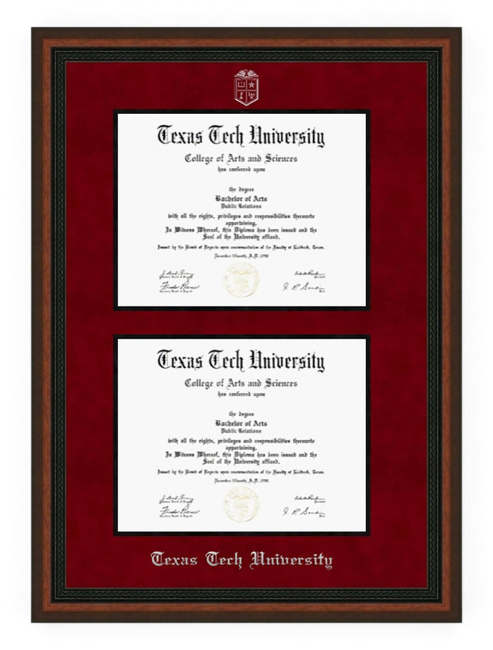 Texas Tech Mahogany Rope Red Suede Double Mat Diploma Frame T17 – Front view