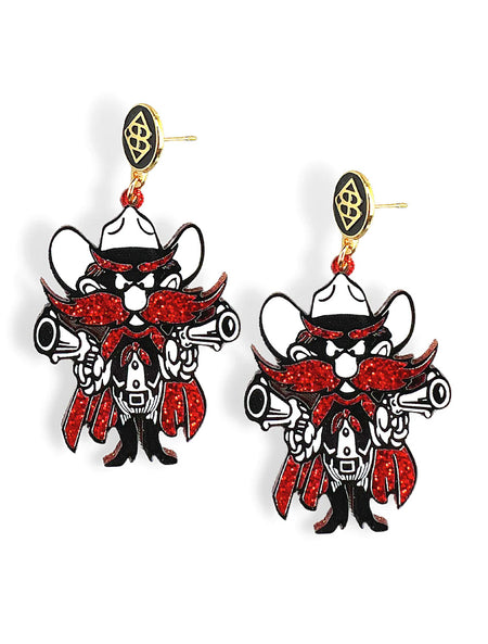 Pair of Texas Tech Raider Red dangle earrings in black and white acrylic with a red glitter cape and moustache, on gold plated posts with the Brianna Cannon monogram