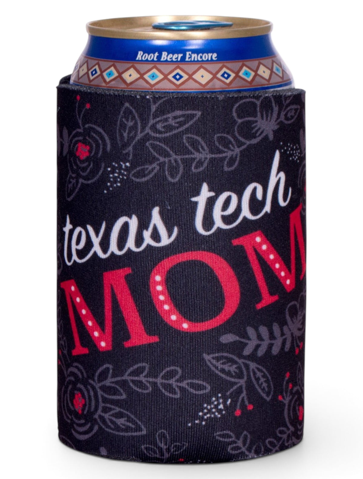 Texas Tech Mom on Floral Black Can Cooler – Front view