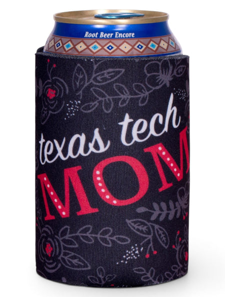 Texas Tech Mom on Floral Black Can Cooler – Front view