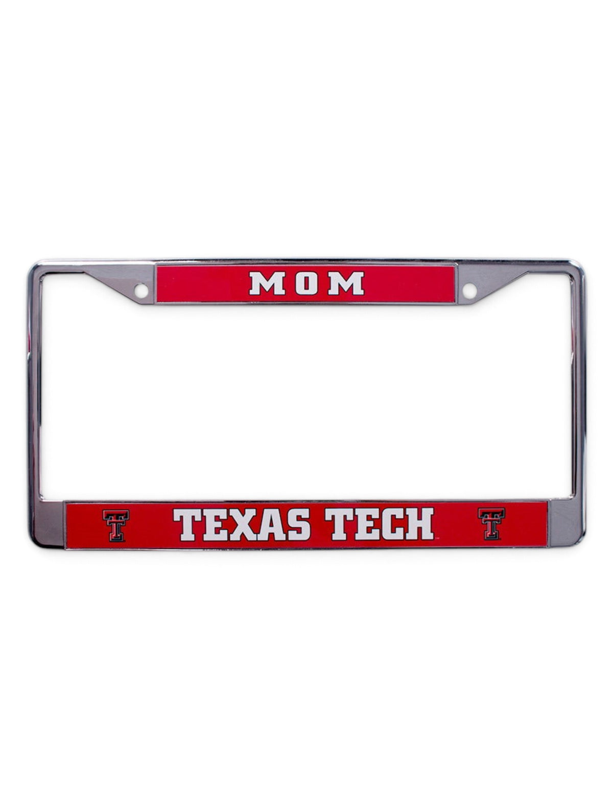Texas Tech Mom on Red & Chrome License Plate Frame – Front view