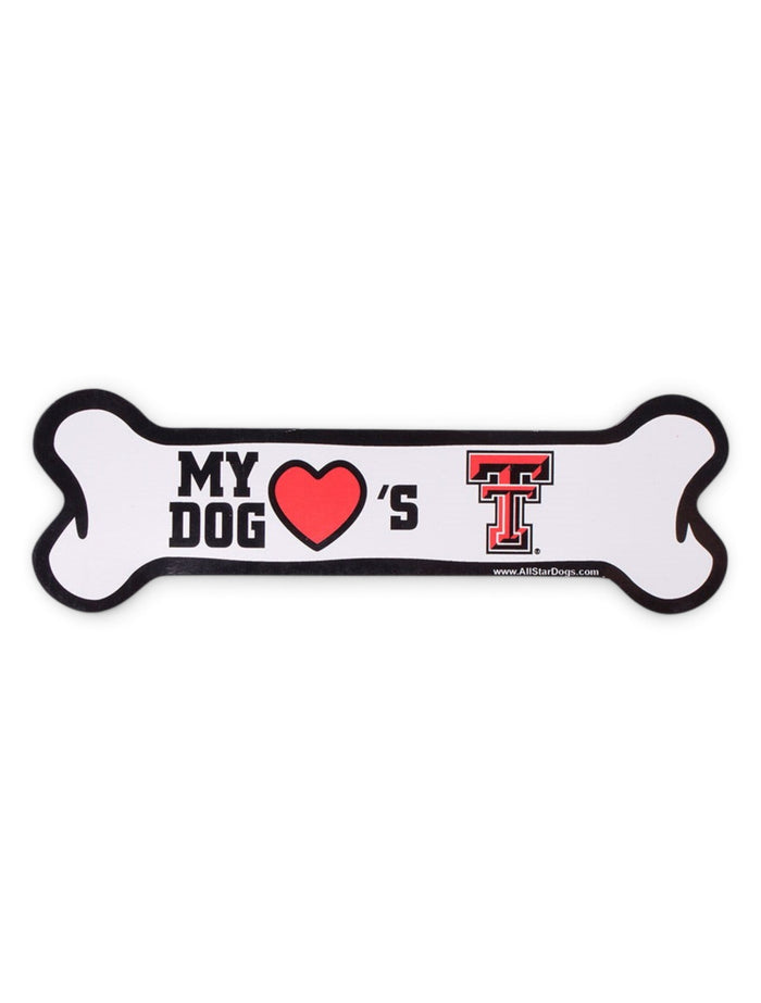 Texas Tech "My Dog Loves Texas Tech" Bone Car Magnet – Front view