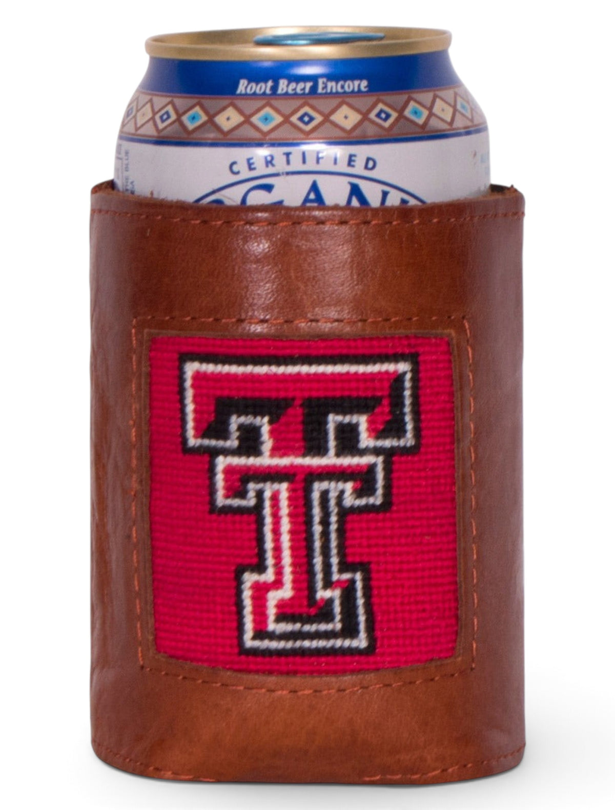 Texas Tech Needle Point and Leather Can Cooler – Front view