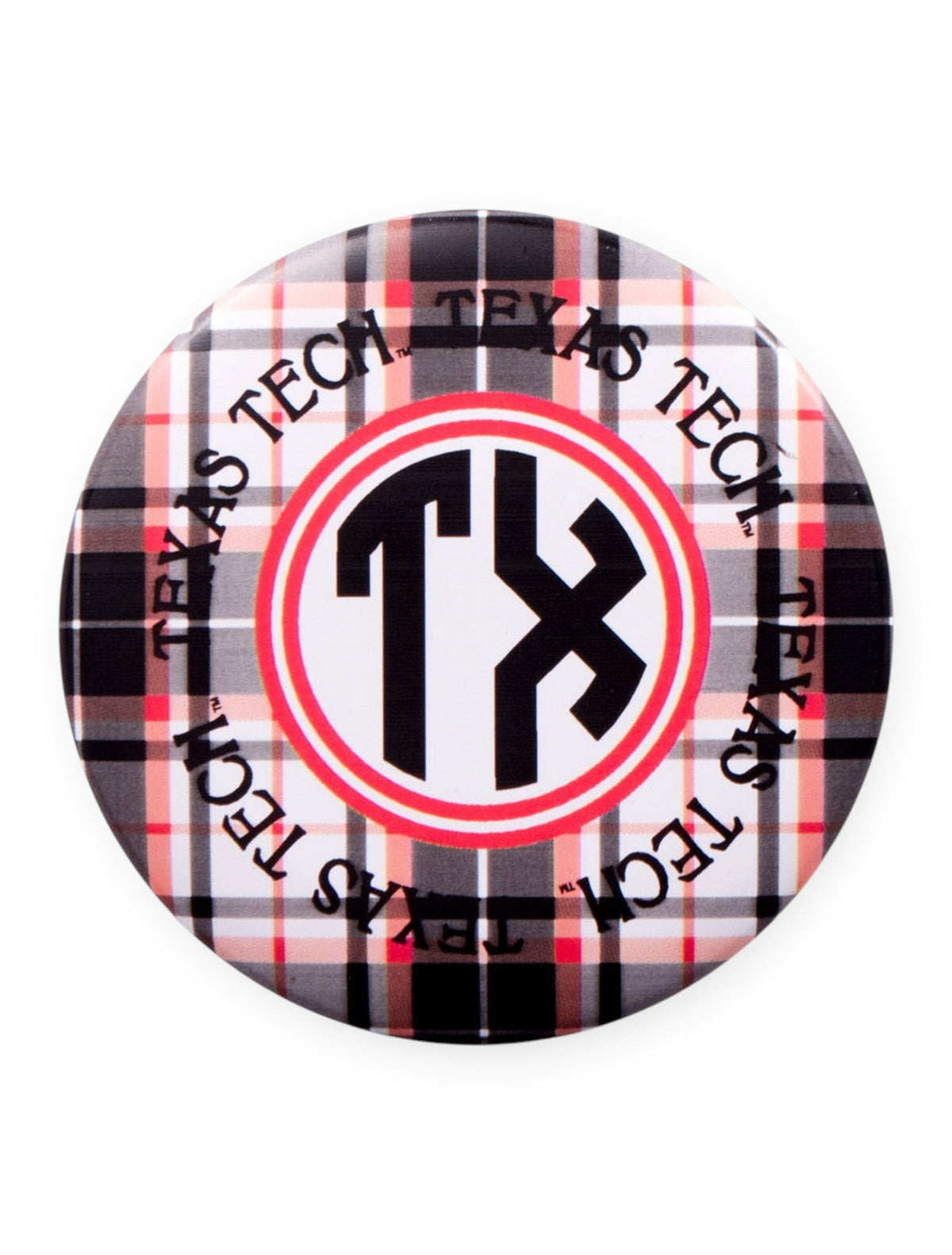 Texas Tech Plaid Monogram Gameday Button – Front view
