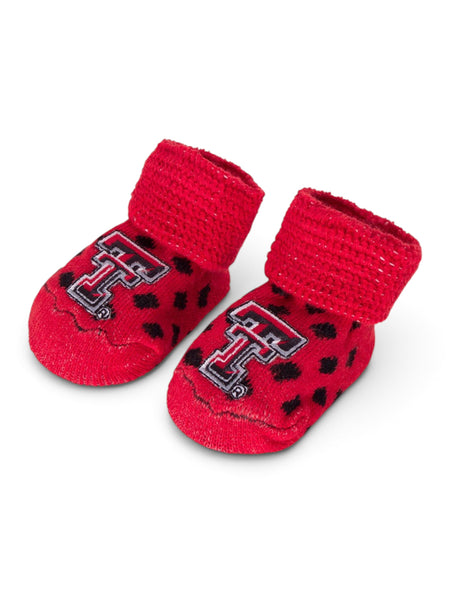 Texas Tech Polka Dot Knitted NEWBORN Booties – Side view