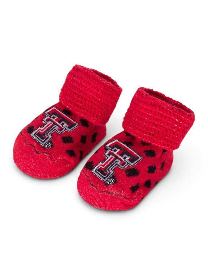 Texas Tech Polka Dot Knitted NEWBORN Booties – Side view