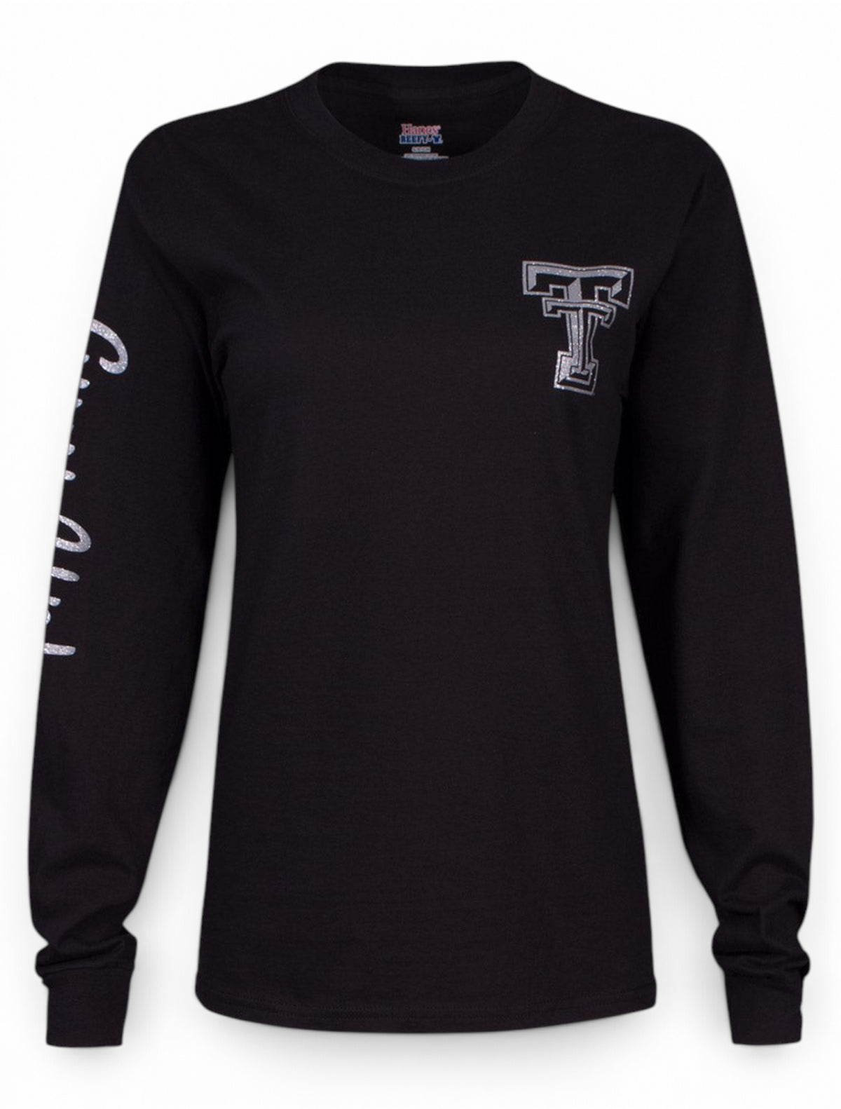 Texas Tech Raider Red in Silver Glitter on Black Long Sleeve – Back view