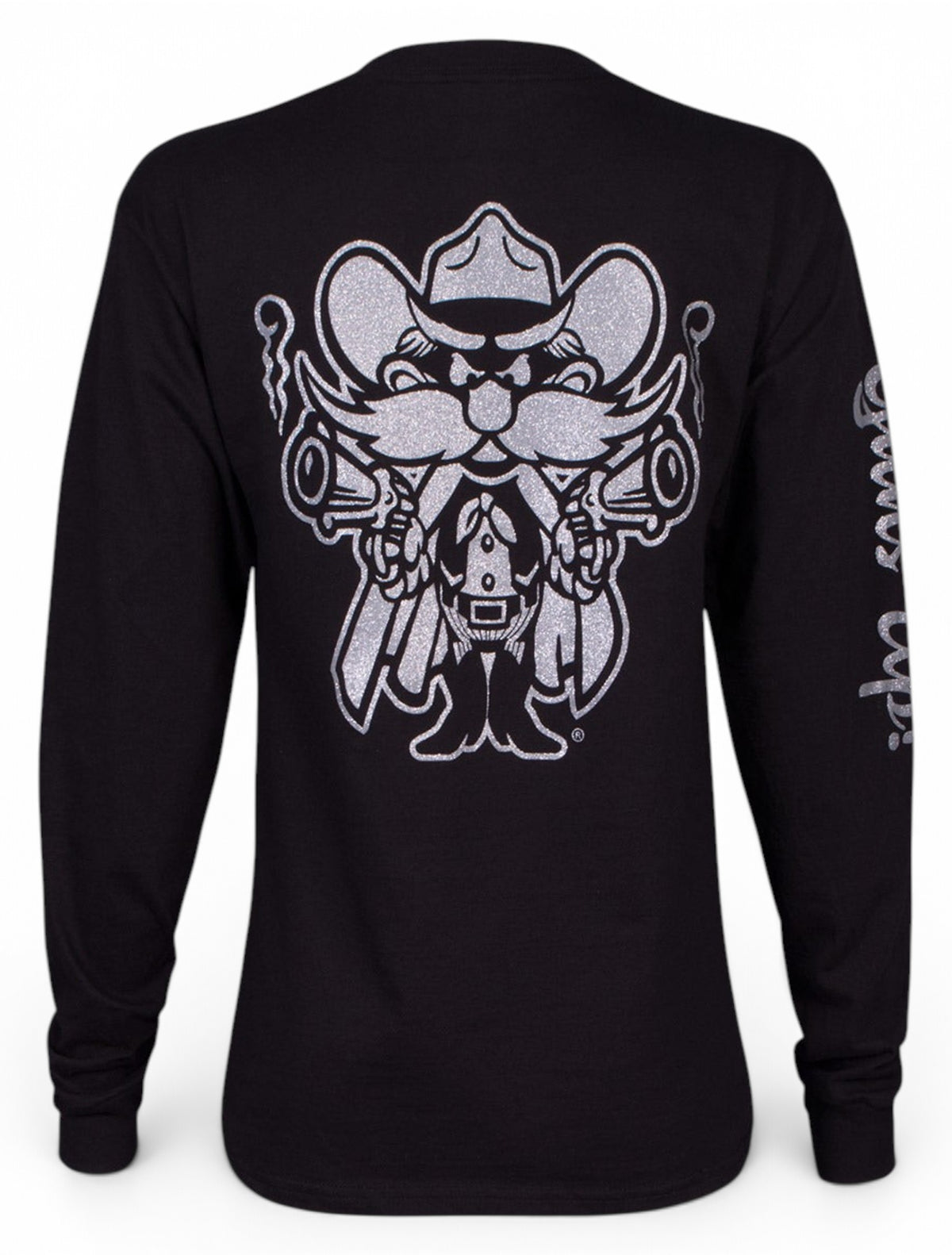 Texas Tech Raider Red in Silver Glitter on Black Long Sleeve – Front view