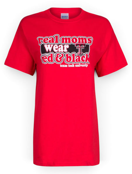 Texas Tech Real Moms Wear Red & Black on Red T-Shirt – Front view