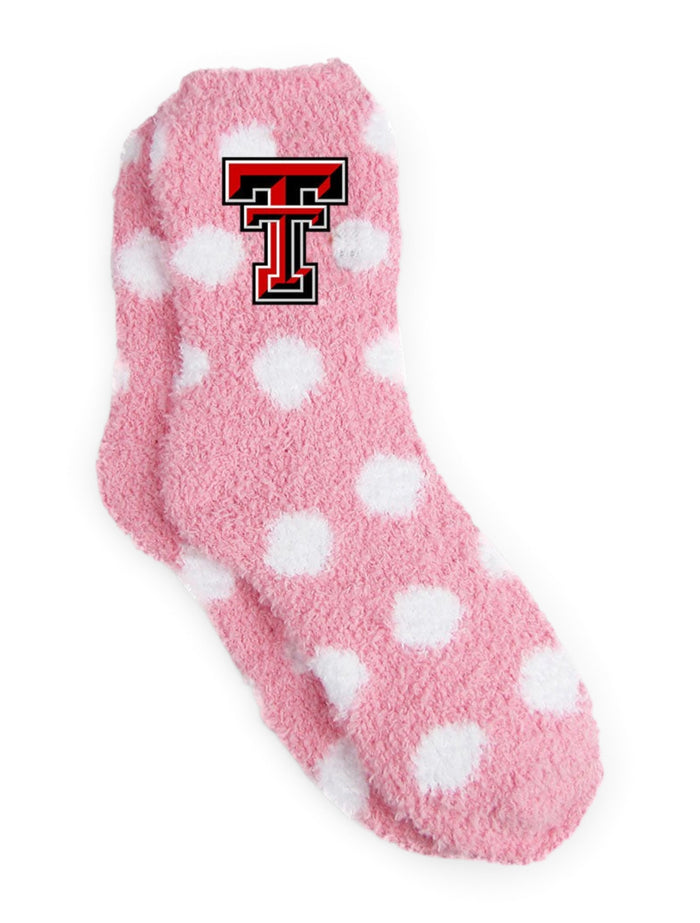 Texas Tech Red Raider Pink and White Polka Dot Fuzzy YOUTH Socks – Front view