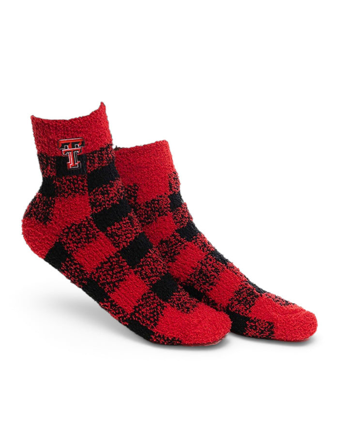 Texas Tech Red Raider Red and Black Plaid Fuzzy YOUTH Socks – Front view