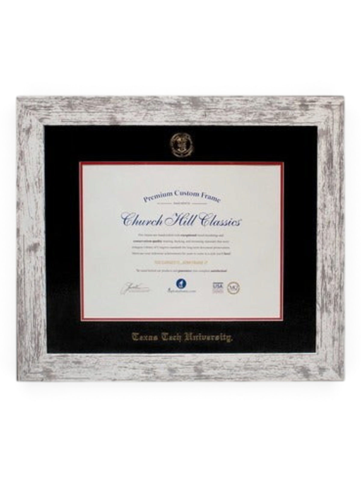 Texas Tech Red Raiders Barnwood White Gold Embossed Diploma Frame – Front view