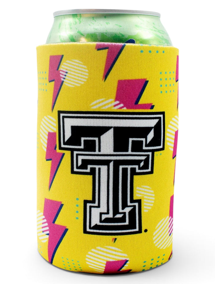 Texas Tech Red Raiders Black and White Double T Lightning Bolt Can Cooler – Front view