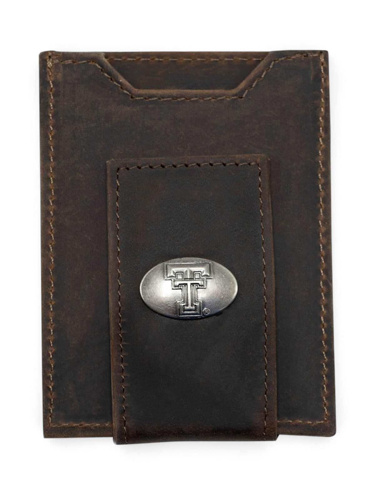 Texas Tech Red Raiders Brown Crazy Horse Leather Front Pocket Wallet – Front view