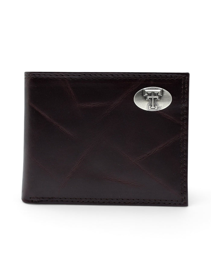 Texas Tech Red Raiders Brown Wrinkle Leather Bi-Fold Wallet with Double T – Front view