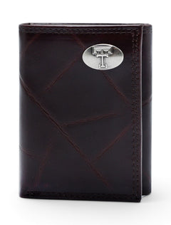 Texas Tech Red Raiders Brown Wrinkle Leather Tri-Fold Wallet with Double T – Front view