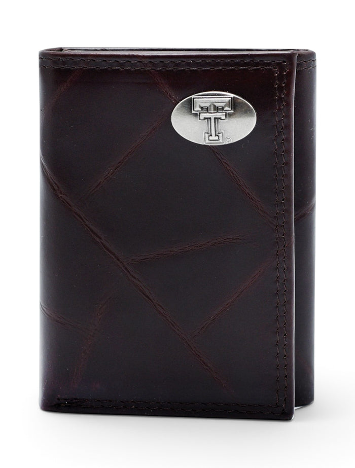 Texas Tech Red Raiders Brown Wrinkle Leather Tri-Fold Wallet with Double T – Front view