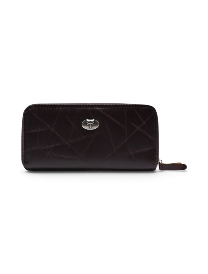 Texas Tech Red Raiders Brown Wrinkle Leather with Zipper and Snap Enclosure and Double T Wallet – Front view