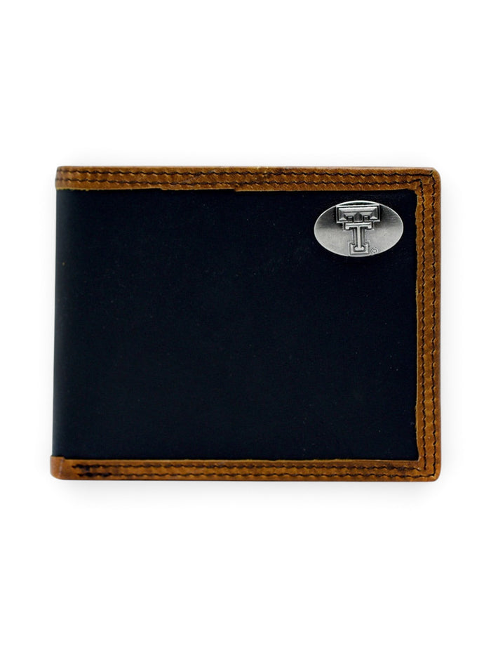 Texas Tech Red Raiders Double T Black and Brown Two-Tone Leather Bi-fold Wallet – Front view