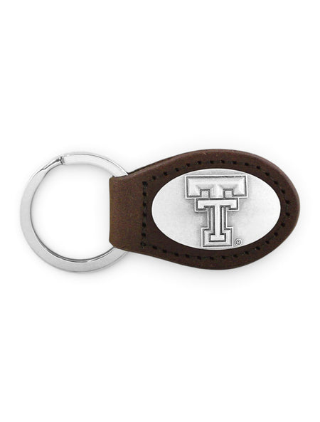 Texas Tech Red Raiders Double T Leather Keychain with Metal Concho – Brown front view