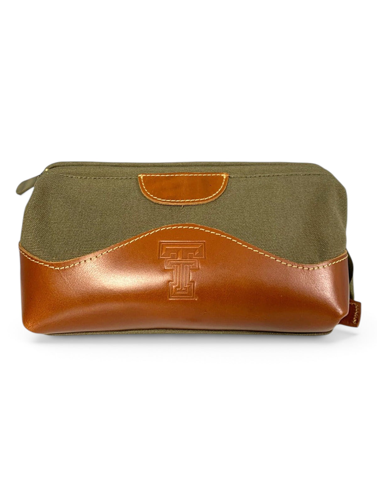 Texas Tech Red Raiders Double T Olive and Brown Canvas And Leather Toiletry Bag – Front view