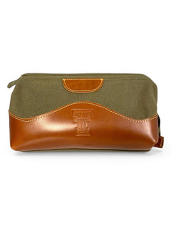 Texas Tech Red Raiders Double T Olive and Brown Canvas And Leather Toiletry Bag – Front view